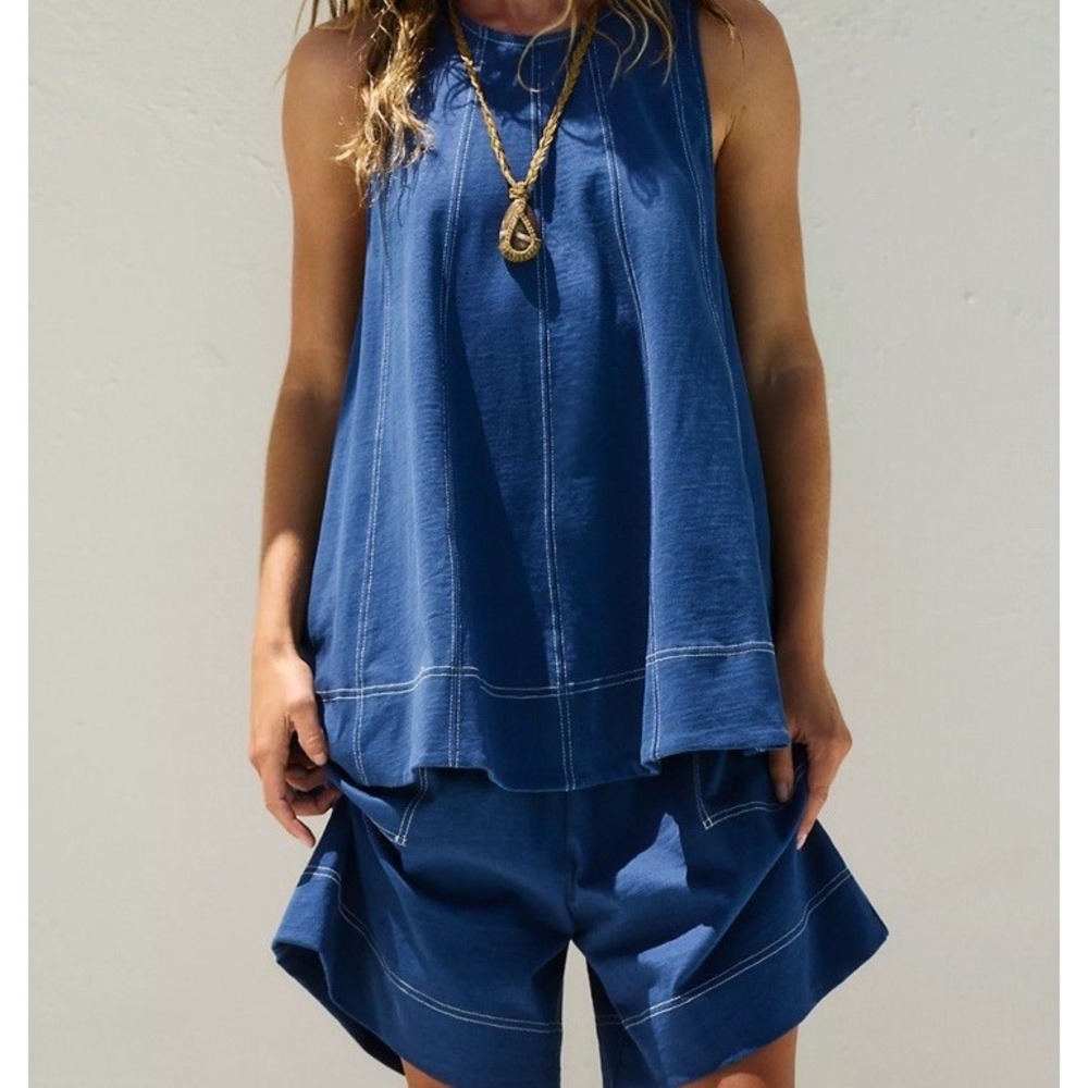 FREE PEOPLE Strada Set FP Beach 2 Pc Short Tank Top Set XS X-Small Dark Denim - Picture 2 of 13